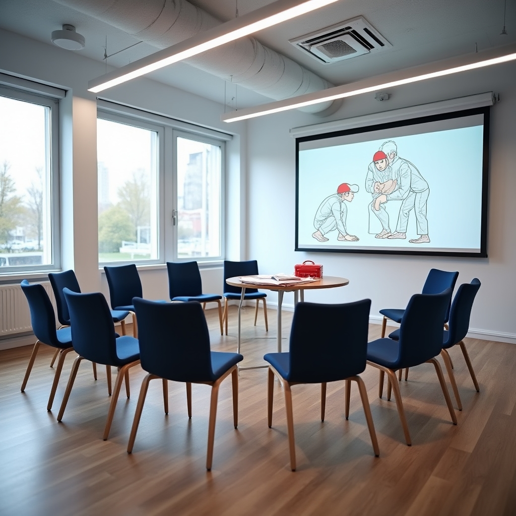 Aula formativa Xelorqenai con sedie, lavagna e attrezzature per corsi di primo soccorso in ambiente luminoso