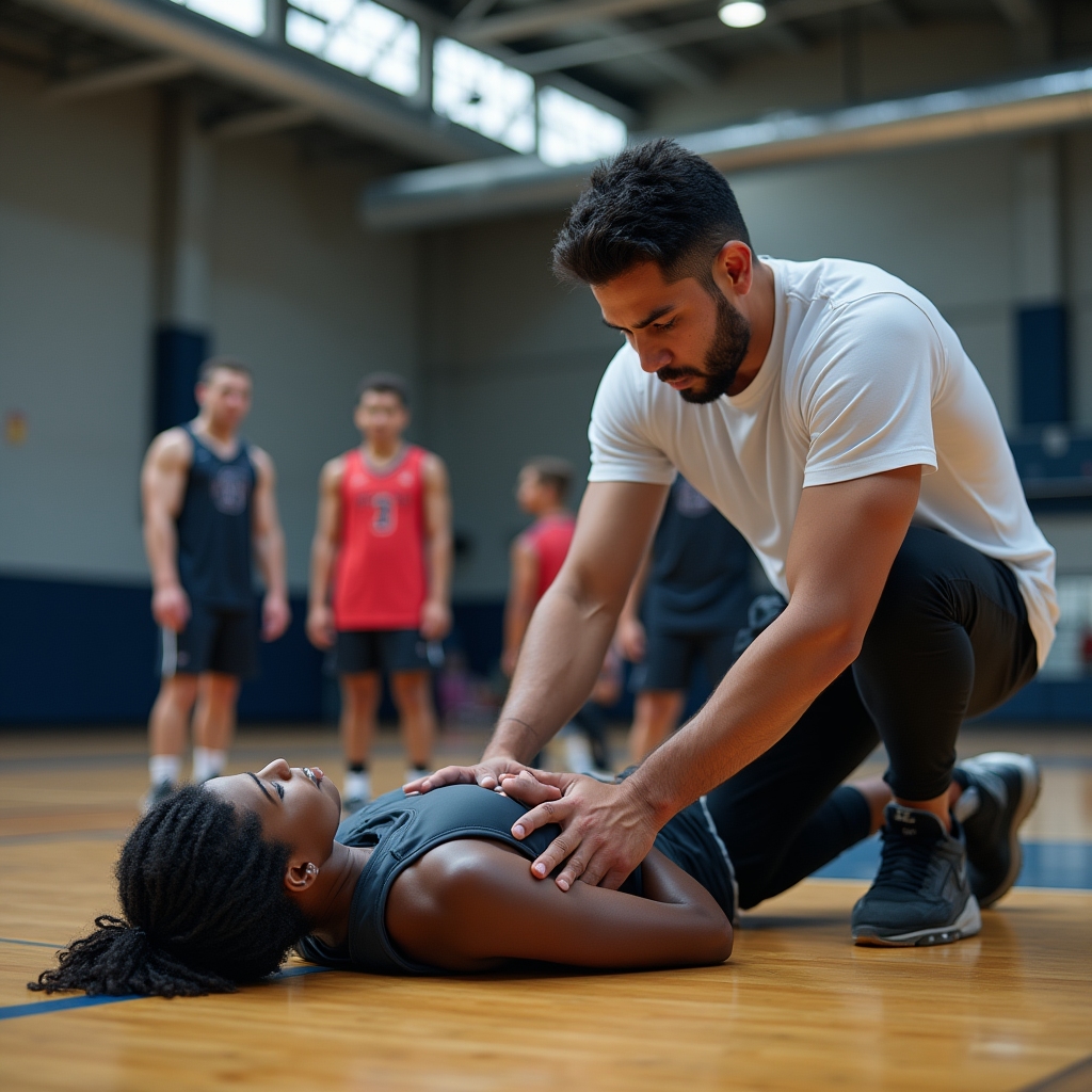 Istruttore che insegna le manovre di primo soccorso a un gruppo di atleti in palestra