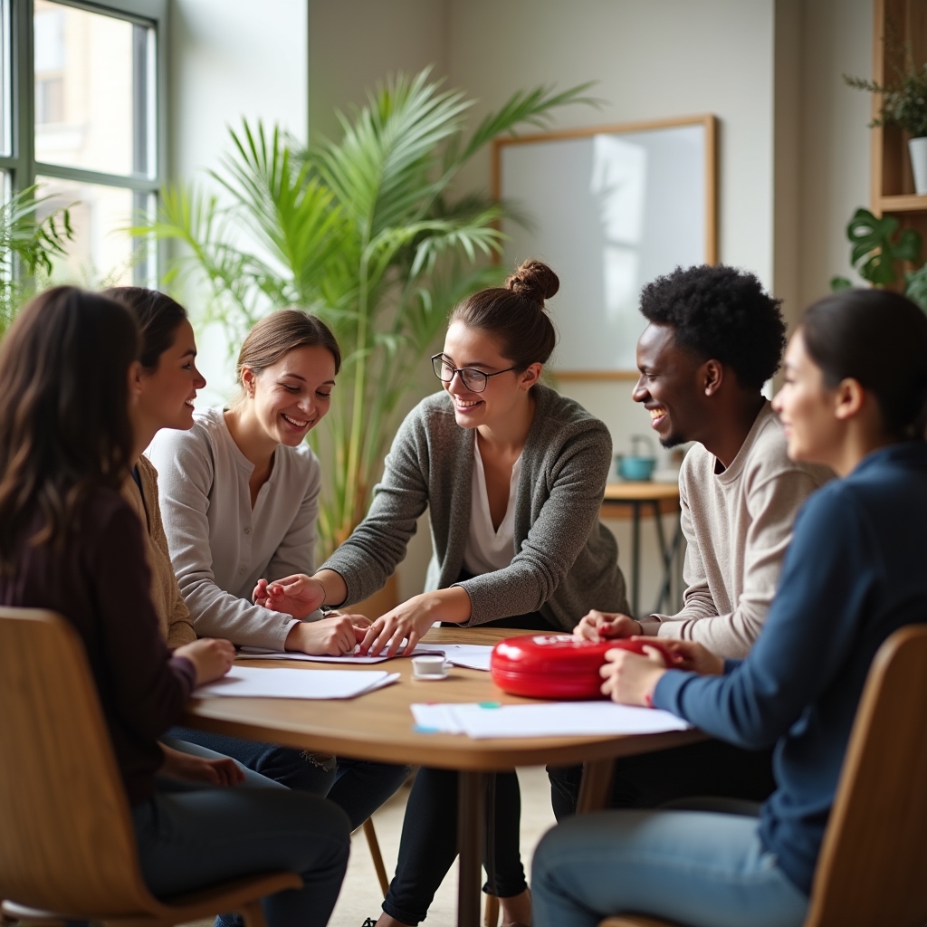 Famiglia con adulti e ragazzi che imparano le tecniche di primo soccorso in un ambiente formativo accogliente
