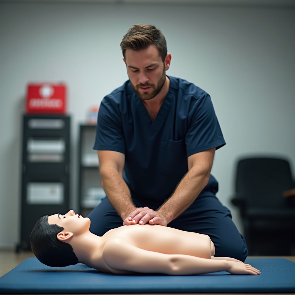 Istruttore di primo soccorso che dimostra la rianimazione cardiopolmonare su manichino