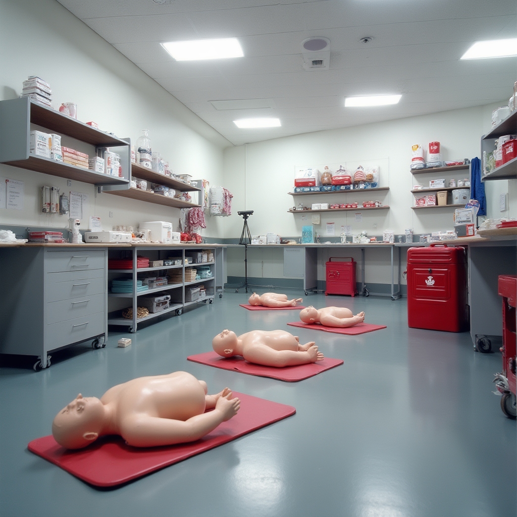 Laboratorio pratico con manichini professionali per la simulazione RCP e attrezzature di primo soccorso disposte ordinatamente