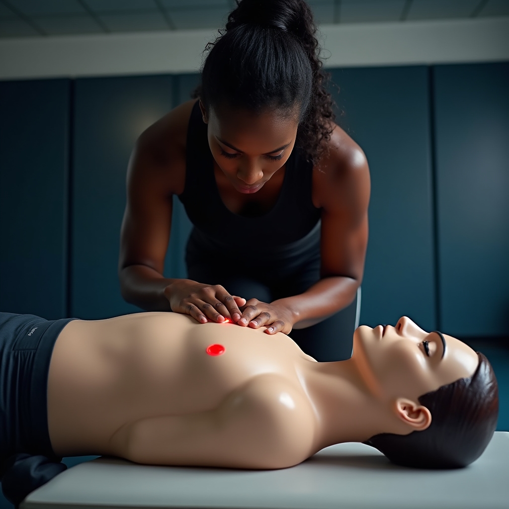 Partecipante che esegue la rianimazione cardiopolmonare su manichino professionale con supervisione dell'istruttore