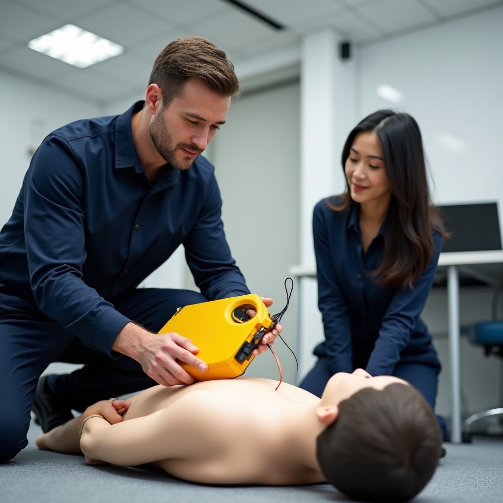 Istruttore che mostra come posizionare gli elettrodi del defibrillatore semiautomatico su manichino formativo